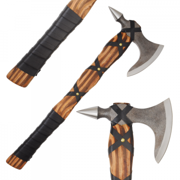 Medieval Warrior Nordic Raider Tactical Tomahawk — Flame-Seared Hardwood & Leather Wrapped Grip