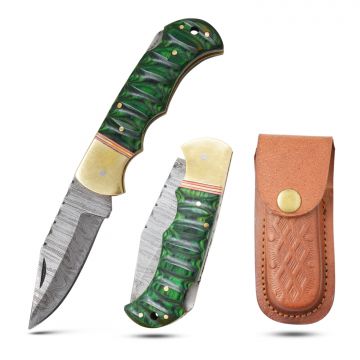 Wild Turkey Handmade 6.5" Damascus Folding Knife – Wood & Gold Bolster DM-OR-558G