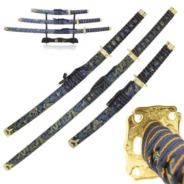 3-Piece Samurai Sword Set with Display Stand - Black & Green Edition JL-021BL4