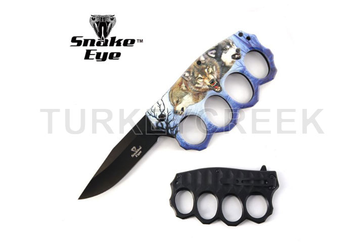 Action Assisted Knuckle Knife 4.5" WOLF Printed Handle with Clip