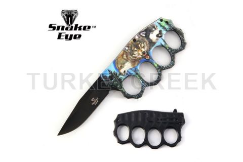 Action Assisted Knuckle Knife 4.5" WOLF Printed Handle with Clip