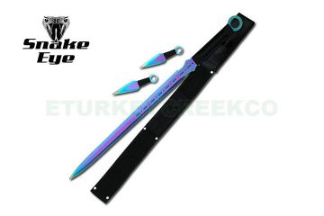 2pc Ninja Sword Set Rainbow Finish with Kunai Throwers 28"