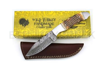 Wild Turkey Handmade Damascus Burned Bone Handle Fixed Blade