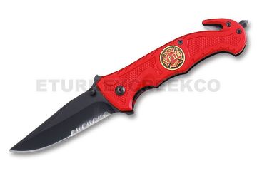 " Fire Fighter" Rescue Style Action Assist Knife 4.5" Red