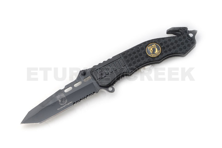 " P.O.W " Rescue Style Action Assist Knife 4.5" Black