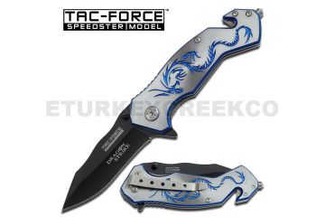 " Dragon Strikes " Rescue Style Spring Assist Knife 4.5" Gy/Blue