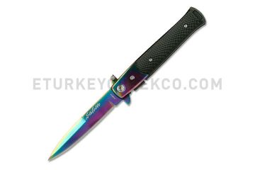 Stiletto Style Folding knife W/ Rainbow Color Blade